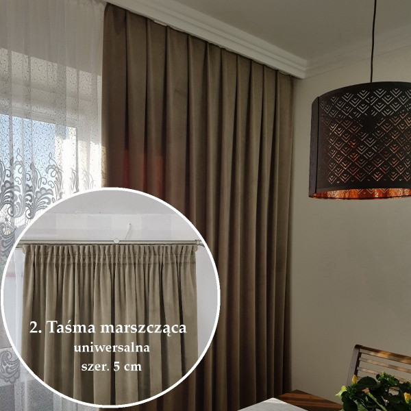 MAG 328 Zasłona gotowa na taśmie kol. oliwkowy beż szer. 140x240 cm